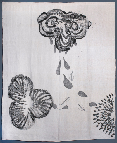 Sumi and Sennelier ink on early 20th century hemp bedsheet, 2012.